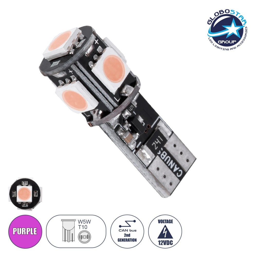 GloboStar® T10 W5W 81095 Λάμπα Αυτοκίνητου LED  2rd Generation Can-Bus Series 5xSMD5050 2.30W 240lm 360° DC 12-16V IP20 Φ1.1 x Υ2.7cm Ροζ